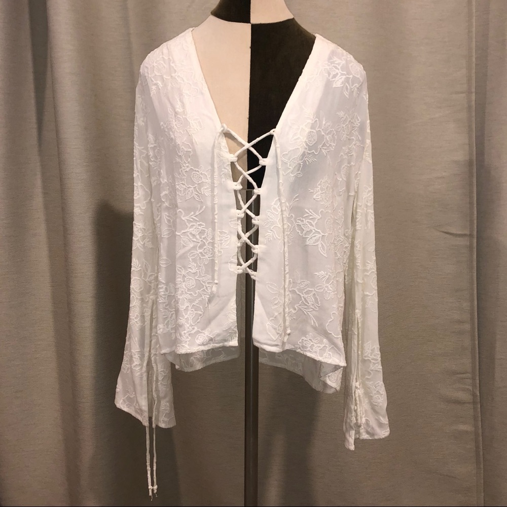 Olivaceous Bell-Sleeve Lace-up Front Blouse
